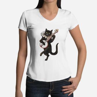 Vintage Silly Weird Cat Playing Banjo Women V-Neck T-Shirt - Seseable