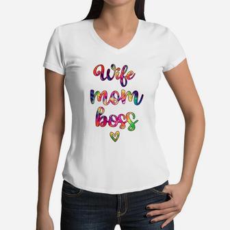 Wife Mom Boss Colorful Women V-Neck T-Shirt - Seseable