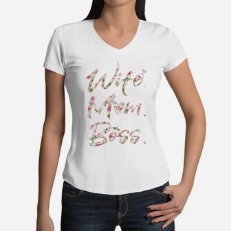 Wife Mom Boss Flower Women V-Neck T-Shirt - Seseable