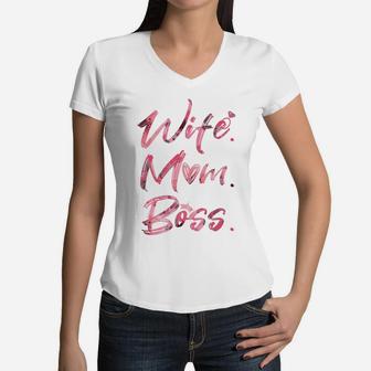 Wife Mom Boss Pink Women V-Neck T-Shirt - Seseable