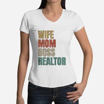 Wife Mom Boss Realtor Women V-Neck T-Shirt - Seseable
