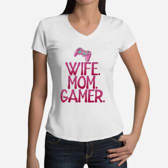 Wife Mom Gamer Gift For Gaming Wife And Mom Women V-Neck T-Shirt - Seseable