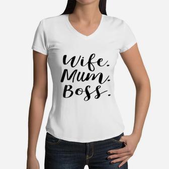 Wife Mum Boss Funny Mum Women V-Neck T-Shirt - Seseable