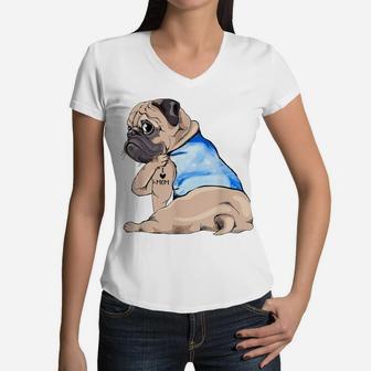 Women Gifts Pug Dog Tattoo I Love Mom T-shirt Women V-Neck T-Shirt - Seseable