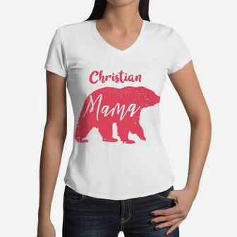 Womens Mychristianworld Christian Mama Bear Women V-Neck T-Shirt - Seseable