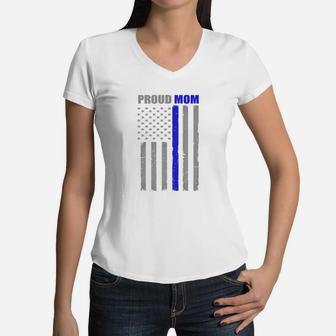 Womens Proud Mom Thin Blue Line Flag Police T-shirt 1 Women V-Neck T-Shirt - Seseable