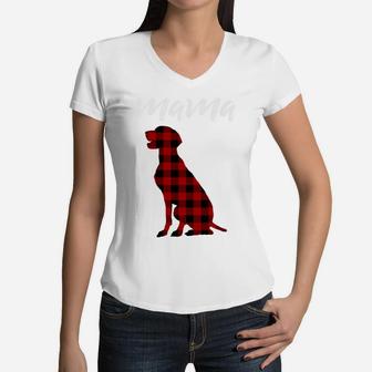 Womens Red Plaid Mama Weimeraner Labrador Women V-Neck T-Shirt - Seseable