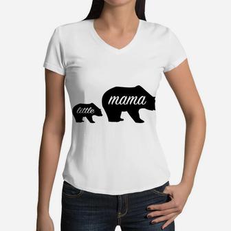 Womens Womens Mama Bear Little Cub Cute Novelty For Moms Women V-Neck T-Shirt - Seseable