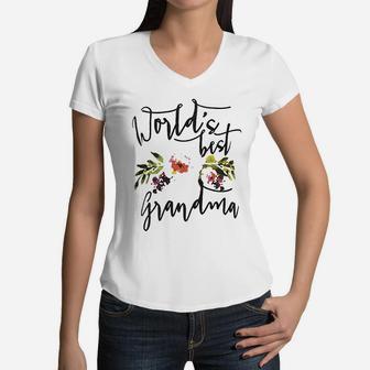 Worlds Best Grandma Mothers Day Best Gift For Mom Women V-Neck T-Shirt - Seseable