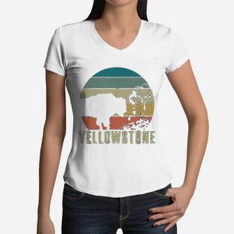 Yellowstone National Park Vintage Buffalo Bison Retro Gift Women V-Neck T-Shirt - Seseable