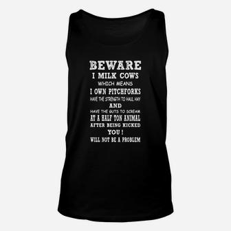 Beware I Milk Cows Which Means I Own Pitchforks Has Vintage Sport Lindseymarquis Unisex Tank Top | Seseable CA