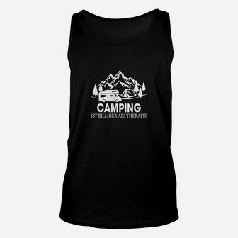 Camping-Therapie Schwarzes Unisex TankTop, Bergmotiv und Spruch Design - Seseable