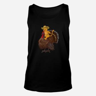 Cowboy Cat Riding A Turkey For Thanksgiving Unisex Tank Top - Seseable