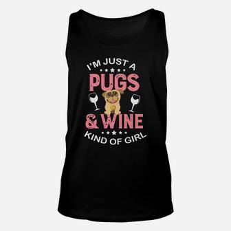 Cute Pugs And Wine Kind Of Girl Funny Pug Lover Gif Unisex Tank Top - Seseable
