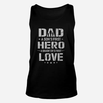 Dad A Sons First Hero A Daughter First Love Daddy Fathers Day Unisex Tank Top - Seseable
