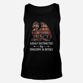 Easily Distracted By Dragon And Books Nerds Unisex Tank Top - Seseable