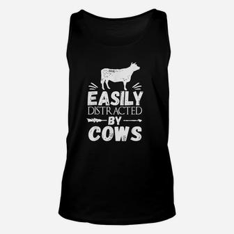 Farmer Funny Gift Easily Distracted By Cows Unisex Tank Top - Seseable