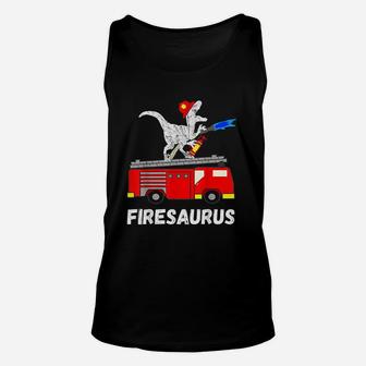 Fire Fighter Saurus Firetruck Fireman Dinosaur T Rex Unisex Tank Top - Seseable