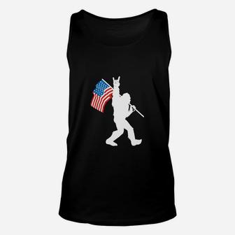 Funny Bigfoot Rock And Roll Usa Flag For Sasquatch Believers Unisex Tank Top | Seseable UK