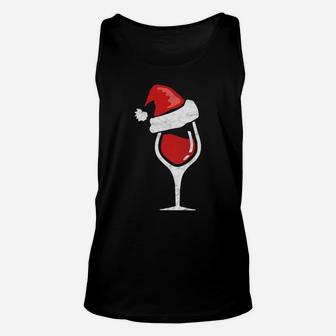 Funny Christmas Wine Glass Santa Hat Vintage Unisex Tank Top - Seseable