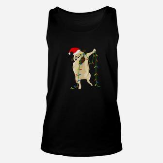 Funny Dabbing Pug Dog Santa Hat Christmas Lights Unisex Tank Top - Seseable
