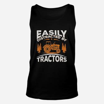Funny Farming Quote Gift Easily Distracted By Tractors Unisex Tank Top - Seseable