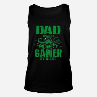 Funny Fathers Day Shirt Dad By Day Gamer By Night Video Game Unisex Tank Top - Seseable