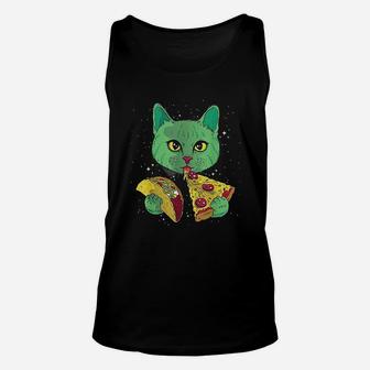 Funny Galaxy Cat Eat Pizza And Taco Outer Space Kitten Unisex Tank Top - Seseable