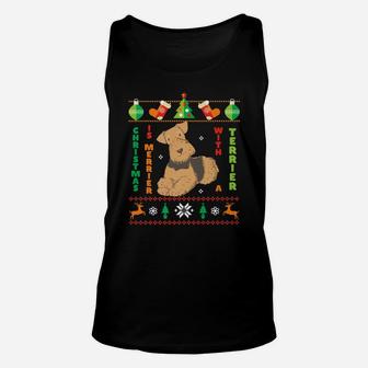 Funny Ugly Sweater Dog Xmas Merrier With A Terrier Unisex Tank Top - Seseable