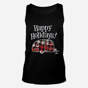 Holiday Apparel Happy Holidays Plaid Retro Camper Unisex Tank Top - Seseable