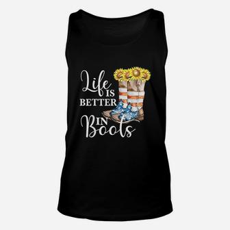 Life Is Better In Boots Vintage Country Music Usa Sunflower Unisex Tank Top - Seseable