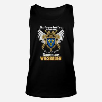 Schwarzes Unisex TankTop Wappen & Spruch Macht Mann aus Wiesbaden - Seseable