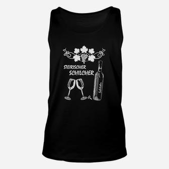 Steirischer Schilcher Wein Motiv Unisex TankTop für Herren, Schwarzes Tee mit Flasche & Gläser Design - Seseable