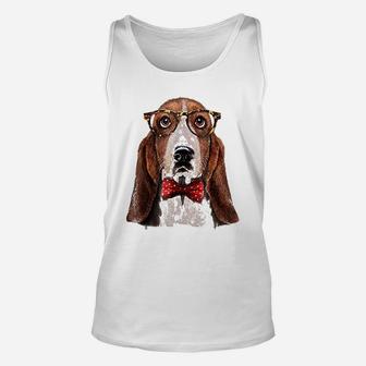 Basset Hound Dog In Classic Eyeglass And Bow Tie Unisex Tank Top - Seseable