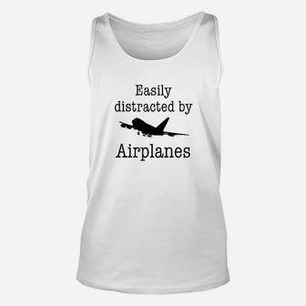 Easily Distracted By Airplanes Funny Pilot Flying Gift Unisex Tank Top | Seseable UK