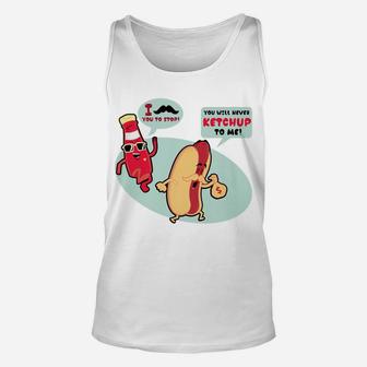 Hot Dog Ketchup Mustache Chasing Humor Funny Food Unisex Tank Top - Seseable