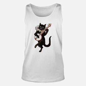 Vintage Silly Weird Cat Playing Banjo Country Cat Lover Unisex Tank Top - Seseable