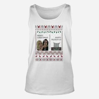 Yelling Woman Cat Meme Merry Christmas Happy Holidays Ugly Christmas Shirt Unisex Tank Top - Seseable