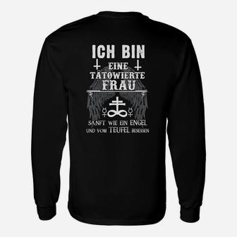 Tätowierte Frau Langarmshirts, Schwarzes Tee mit Engel & Teufel Spruch - Seseable