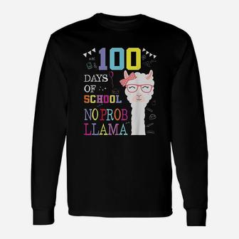 100 Days Of School No Probllama Llama 100th Day Long Sleeve T-Shirt - Seseable