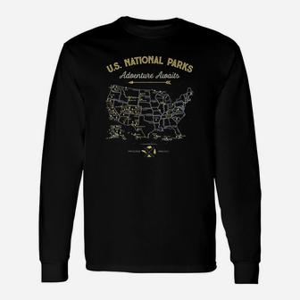 62 National Parks Map Us Park Vintage Camping Hiking Long Sleeve T-Shirt - Seseable