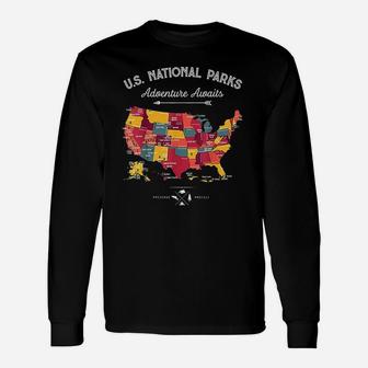 62 National Parks Map Us Park Vintage Camping Hiking Long Sleeve T-Shirt - Seseable