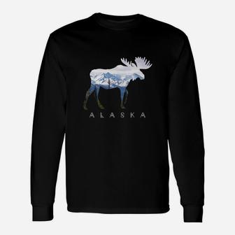 Alaska Day Moose Snowy Mountain T-shirt Long Sleeve T-Shirt - Seseable