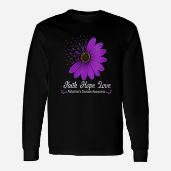 Alzheimer's Disease Awareness Faith Hope Love Purple Ribbon Long Sleeve T-Shirt - Seseable