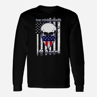 Anon T-shirt American Flag Skull The Storm Is Here Long Sleeve T-Shirt - Seseable