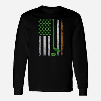 Beautiful St Patricks Day Vintage Irish American Flag Hockey Shamrock Shirt Long Sleeve T-Shirt - Seseable