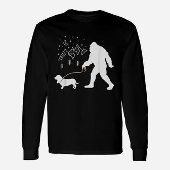 Bigfoot Walking A Basset Hound Dog Long Sleeve T-Shirt - Seseable