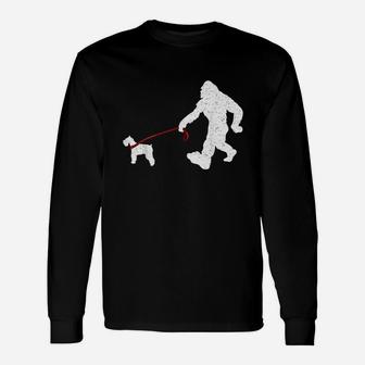Bigfoot Walking With Schnauzer Dog Long Sleeve T-Shirt - Seseable