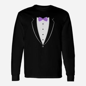 Black And White Tuxedo With Lavender Bow Tie Long Sleeve T-Shirt - Seseable