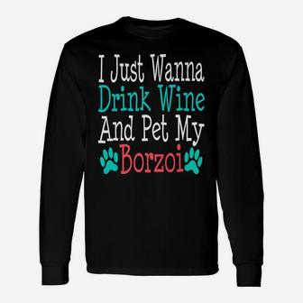 Borzoi Dog Mom Dad Wine Lover Long Sleeve T-Shirt - Seseable